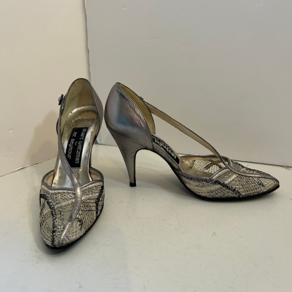 Stuart‎ Weitzman Mr Seymour Vintage Pewter Metallic Lace Mesh Heels Pumps 5.5